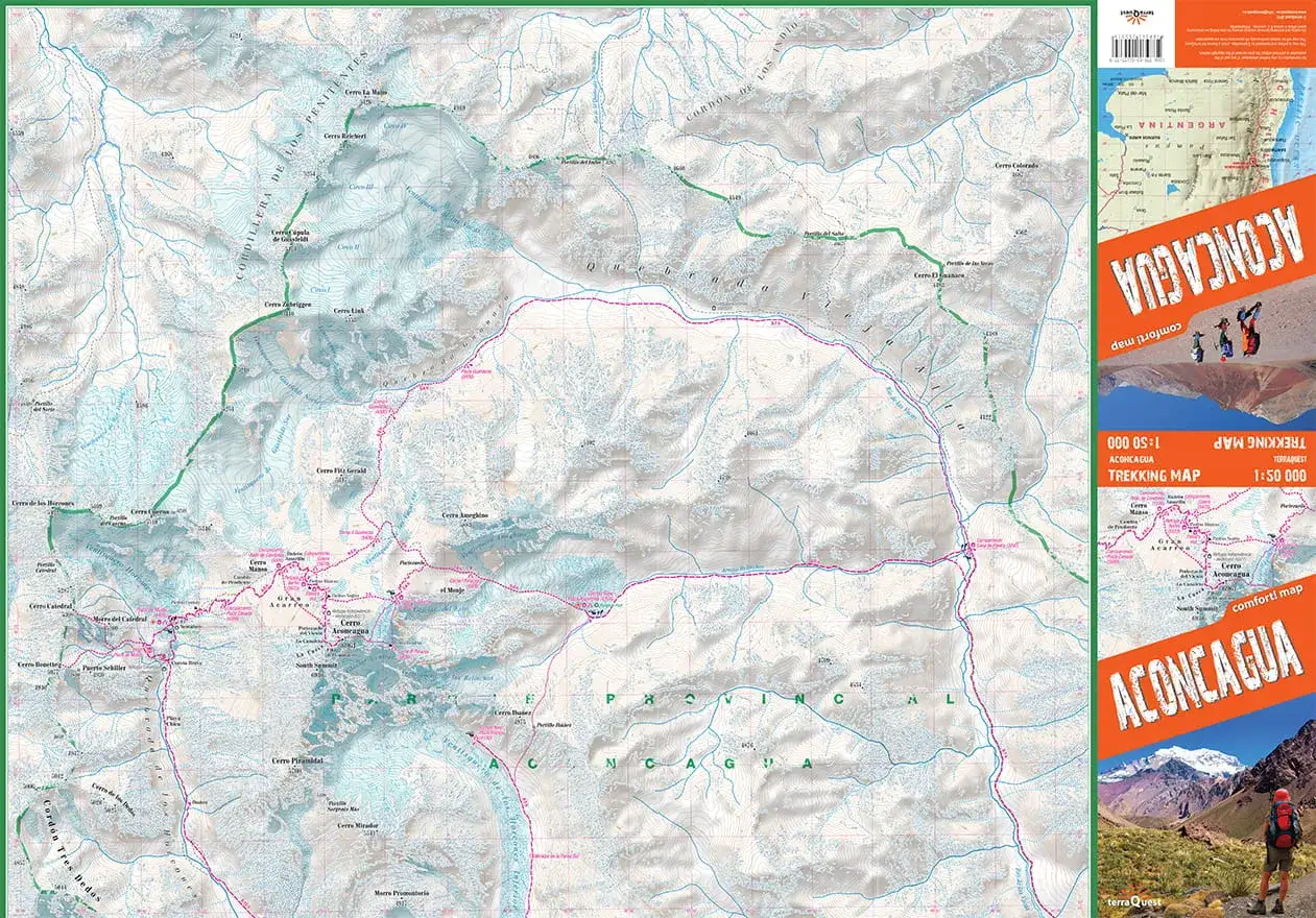 Mapa trekkingowa Aconcagua z zaznaczonymi szlakami i wierzchołkami, w tym Cerro Aconcagua.