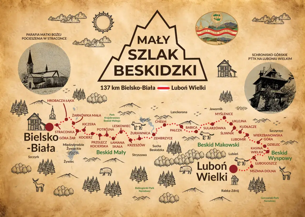 Mapa turystyczna Mały Szlak Beskidzki, pokazująca trasę z Bielska-Białej na Luboń Wielki, z zaznaczonymi atrakcjami i schroniskami.