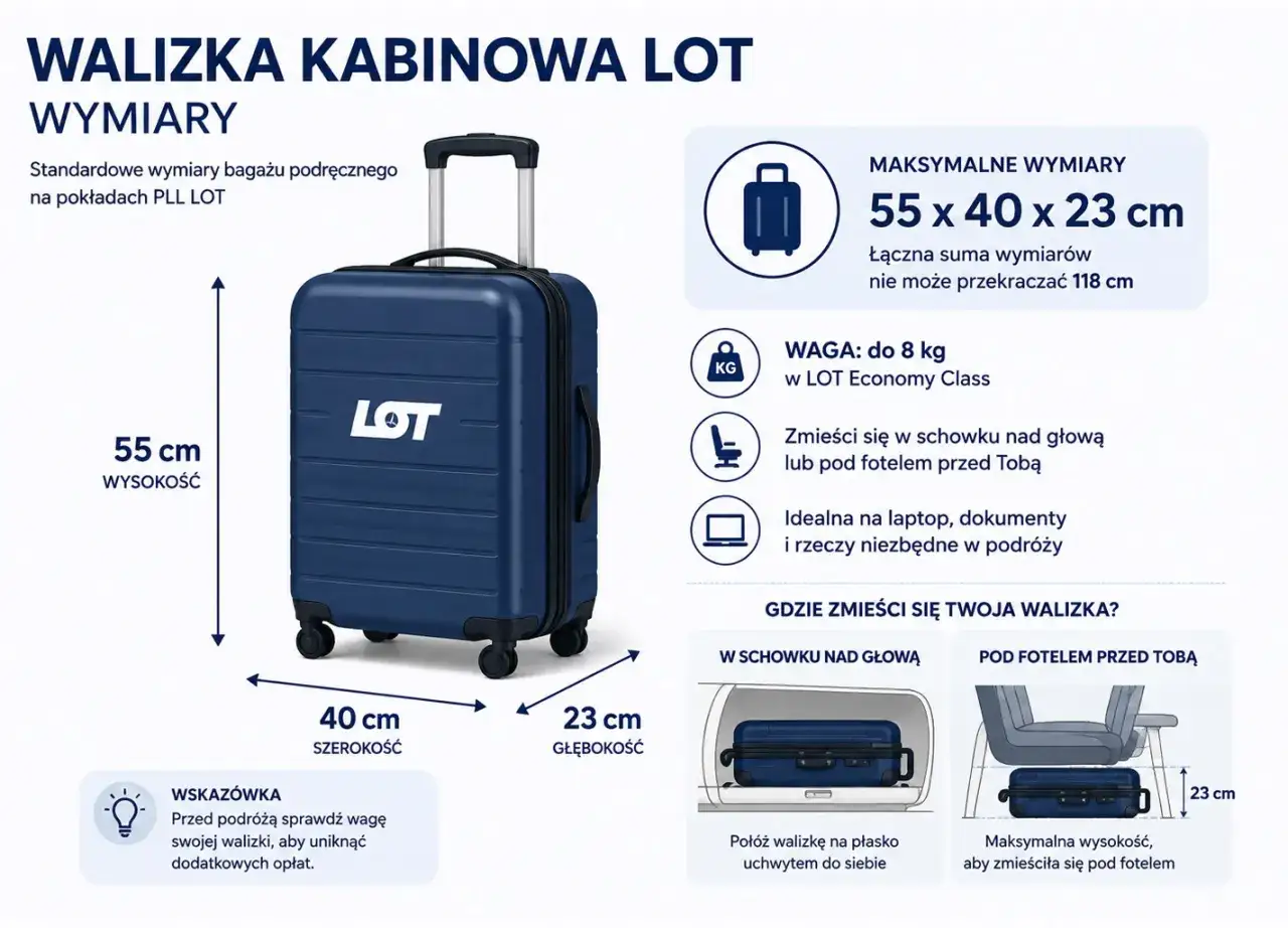 Granatowa walizka kabinowa LOT, idealny przedmiot osobisty na podr&oacute;ż. Wymiary 55x40x23 cm, waga do 8 kg.