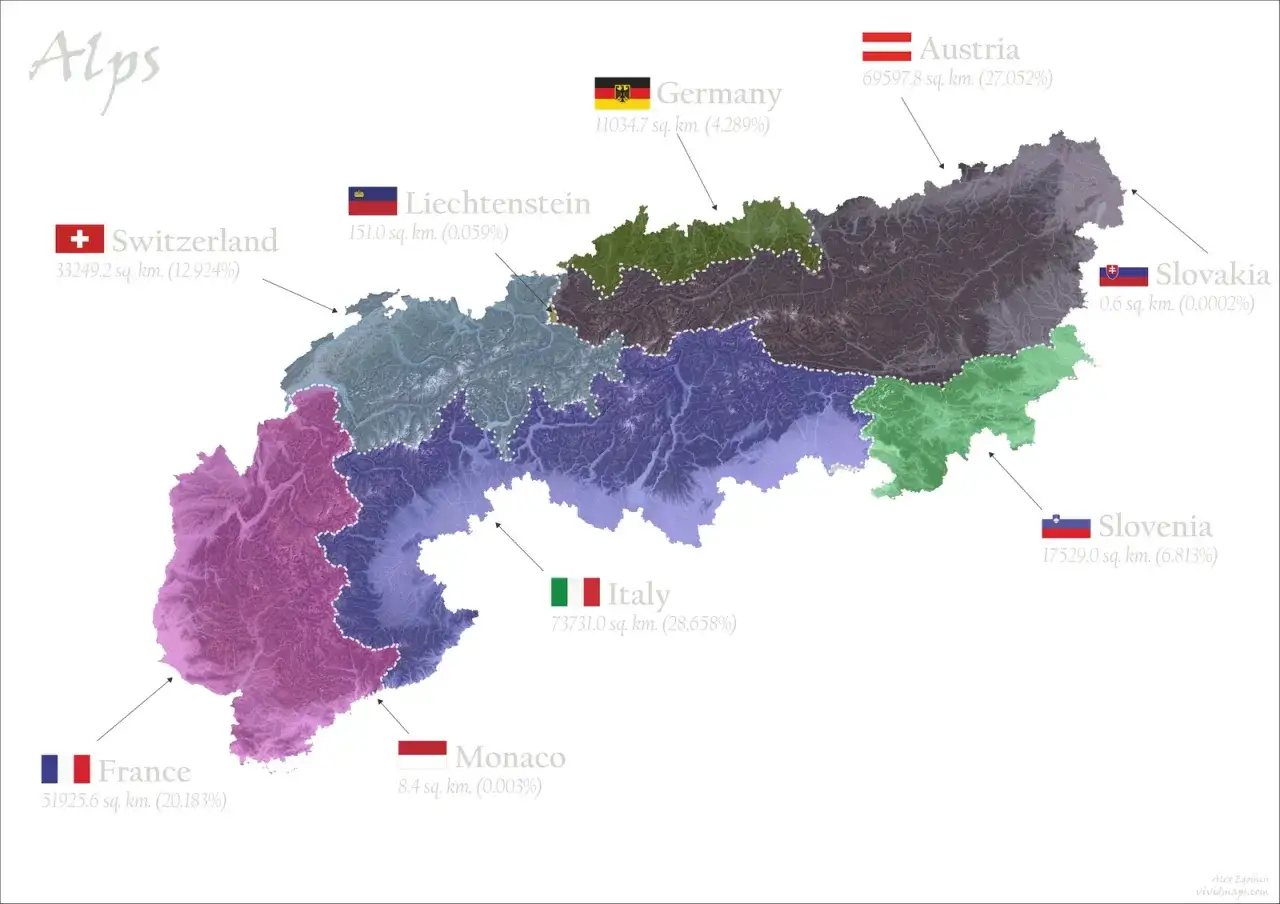 Mapa pokazuje, gdzie są Alpy, rozciągające się przez Francję, Szwajcarię, Liechtenstein, Włochy, Austrię, Niemcy, Słowenię i Słowację.