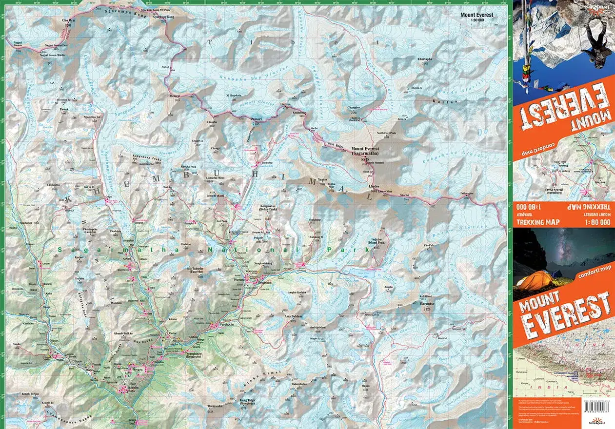 Mapa turystyczna Himalaj&oacute;w z zaznaczonym Mount Everestem (Sagarmatha), pokazująca szlaki trekkingowe i położenie w Nepalu.
