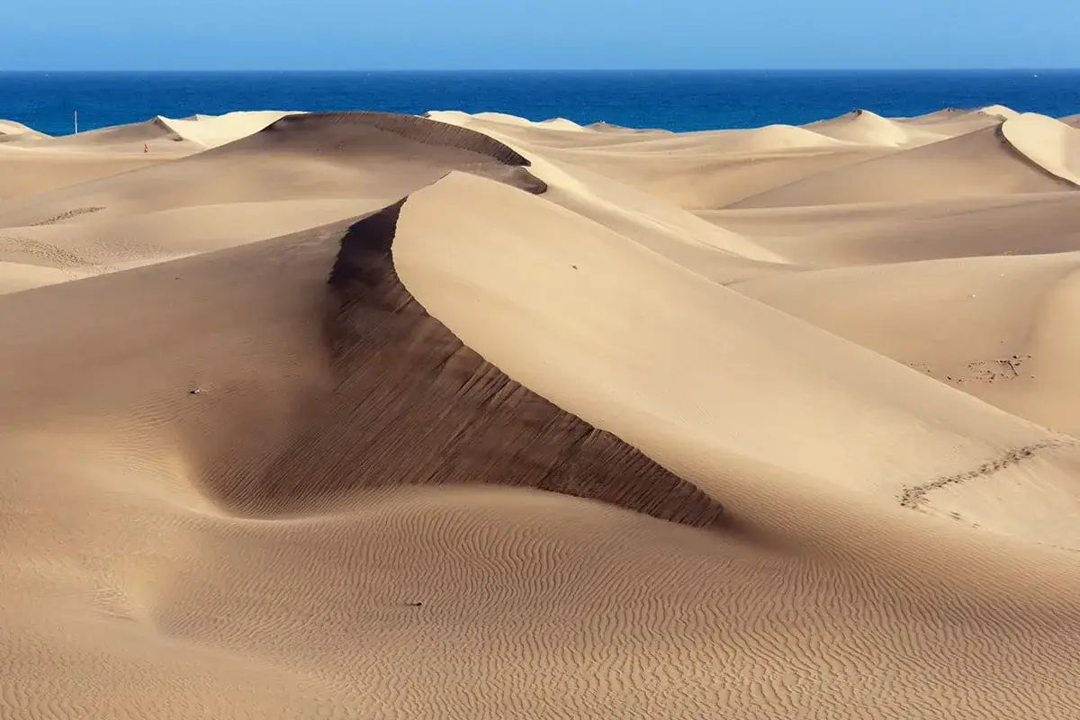 Pofaśne wydmy Dunas de Maspalomas na Gran Canarii, z błękitnym oceanem w tle.