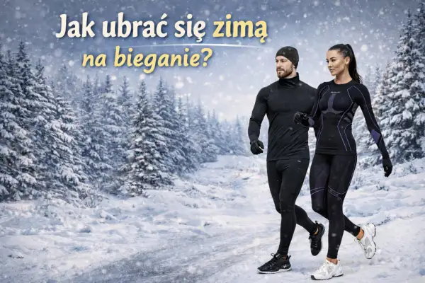 Para biegnie przez zaśnieżony las. Dowiedz się, jak się ubrać na bieganie w zimie, by czuć się komfortowo i bezpiecznie.