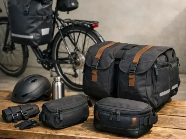 Rowerzysta wybiera, jakie sakwy rowerowe zabrać na wyprawę. Obok roweru leżą czarne torby, kask i bidon.