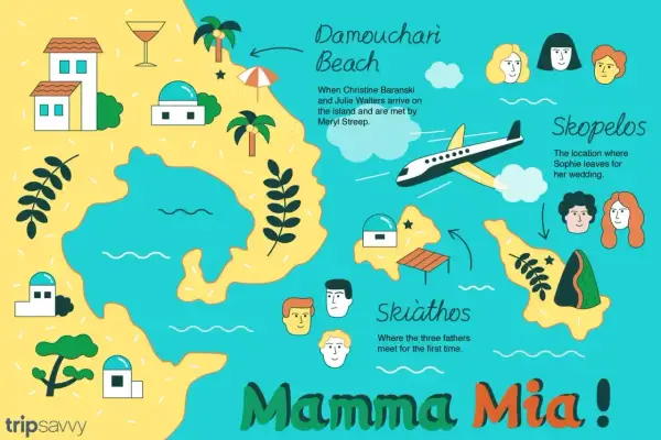 Mapa wysp greckich, gdzie kręcono Mamma Mia: Skopelos, Skiathos i Damouchari Beach.