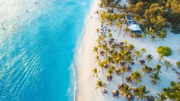 Rajska plaża na Zanzibarze z turkusową wodą, białym piaskiem, palmami i leżakami. Idealne miejsce, kiedy na Zanzibar.