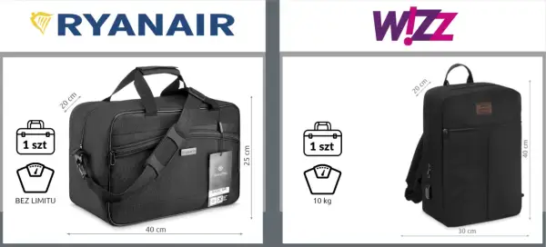Torba podróżna Ryanair (40x25x20 cm, bez limitu wagi) i plecak Wizz Air (30x40x20 cm, 10 kg).