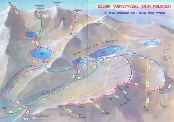 Mapa szlaków Tatr. Czas dojścia do Doliny Pięciu Stawów zależy od wybranej trasy, np. z Morskiego Oka 1 i 1/3 godziny.