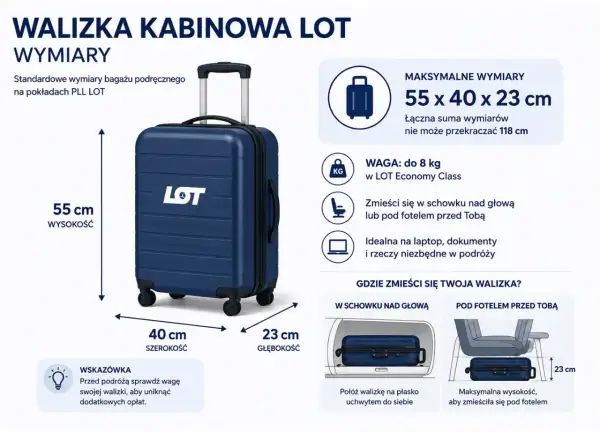 Jaka walizka do samolotu? Granatowa kabinowa LOT 55x40x23 cm, do 8 kg. Zmieści się nad głową lub pod fotelem.