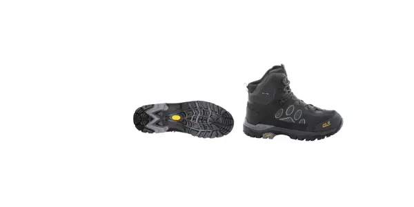 Czarne buty trekkingowe Jack Wolfskin z membraną Texapore. Podeszwa Vibram zapewnia przyczepność.