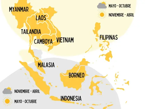 Mapa Azji Południowo-Wschodniej z zaznaczonymi krajami: Wietnam, Tajlandia, Kambodża, Laos, Mjanma, Malezja, Filipiny, Borneo, Indonezja. Podano pory roku dla pogody.