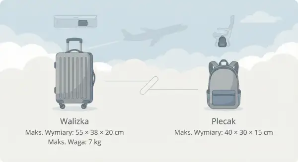 Walizka kabinowa wymiary: 55x38x20 cm, waga 7 kg. Obok plecak 40x30x15 cm. W tle samolot i siedzenie.