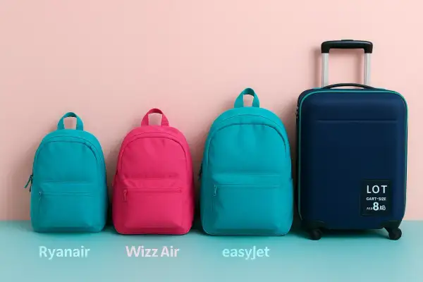 Trzy kolorowe plecaki i granatowa walizka na kółkach z napisem LOT. Idealny bagaż podręczny i torebka lot na każdą podróż.